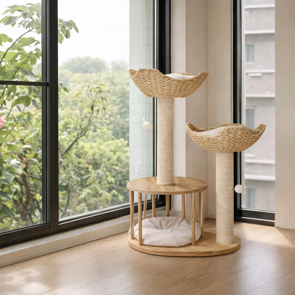 Arbre a chat en osier - Griffoir Sisal et Coussins Peluche
