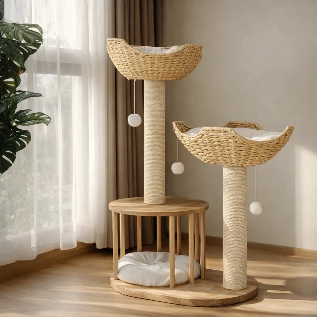 Arbre a chat en osier - Griffoir Sisal et Coussins Peluche