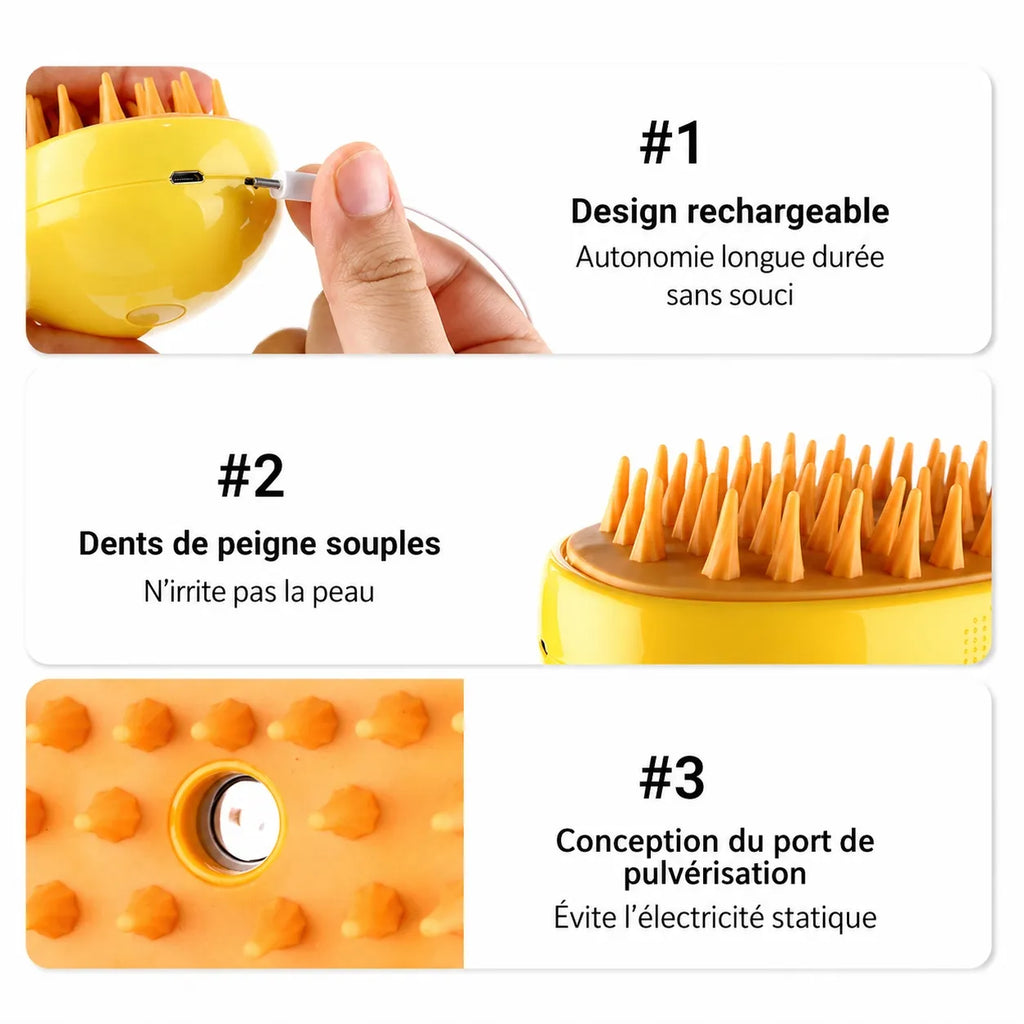 Brosse vapeur chat électrique - Toilettage massage 3 en 1