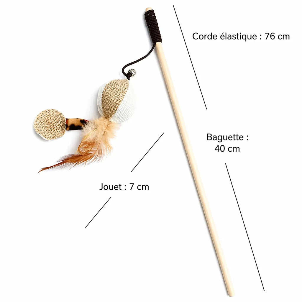 Canne à pêche chat en bois - Plumes naturelles et clochette