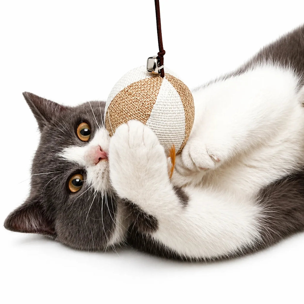 Canne à pêche chat en bois - Plumes naturelles et clochette