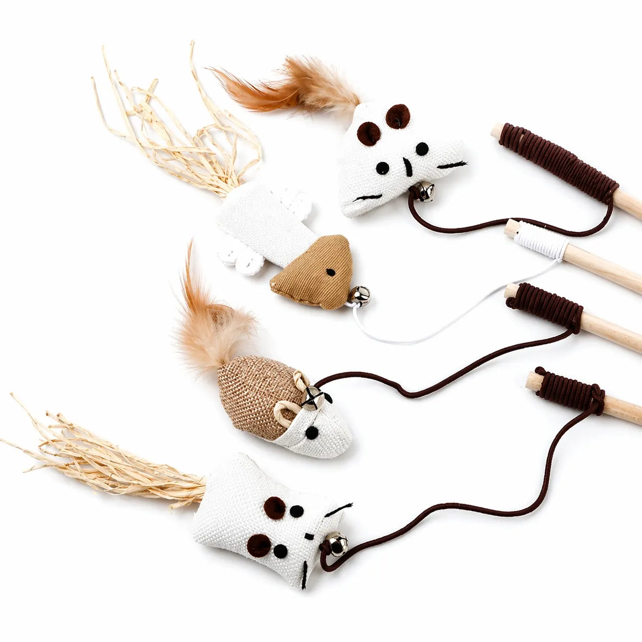 Canne à pêche chat en bois - Plumes naturelles et clochette