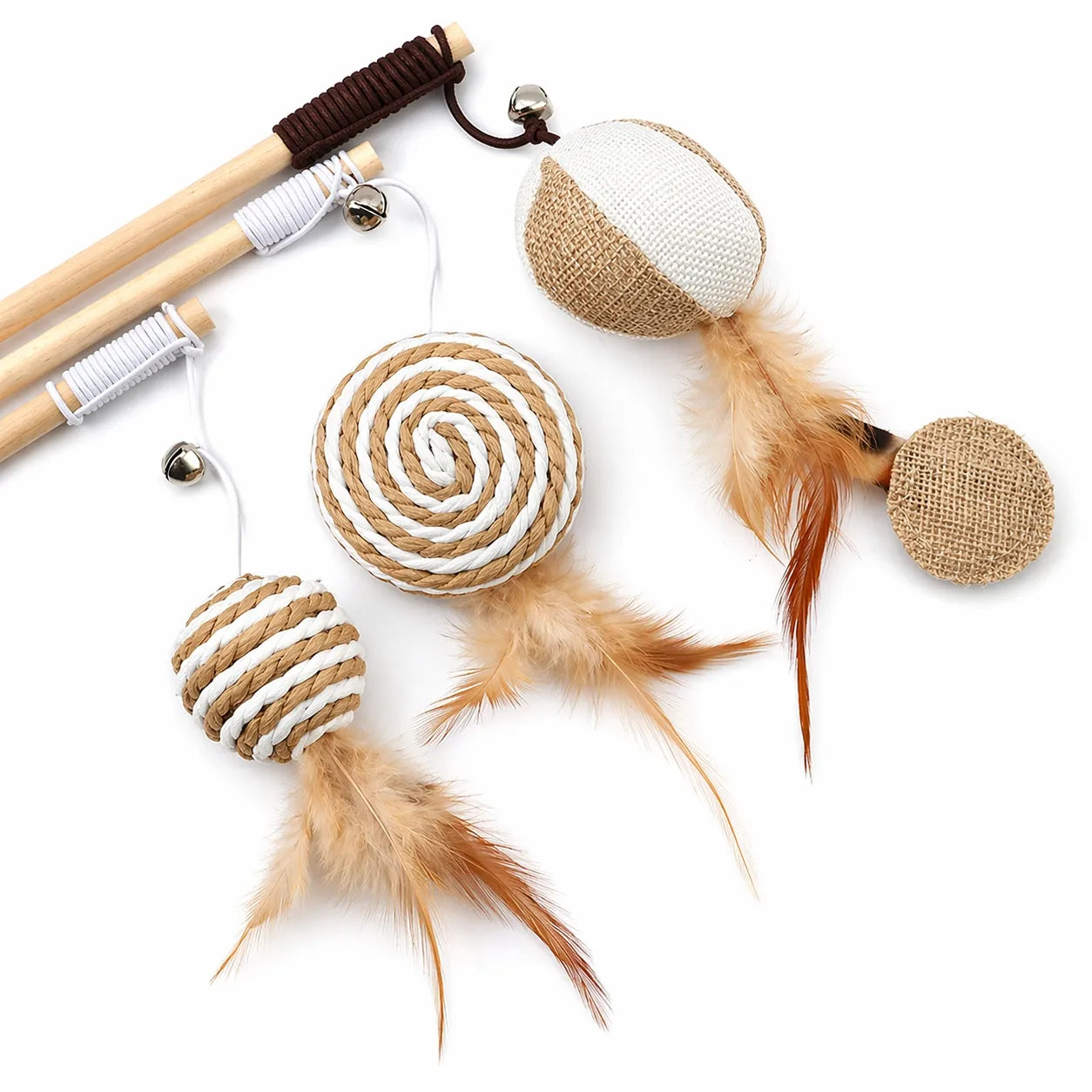 Canne à pêche chat en bois - Plumes naturelles et clochette