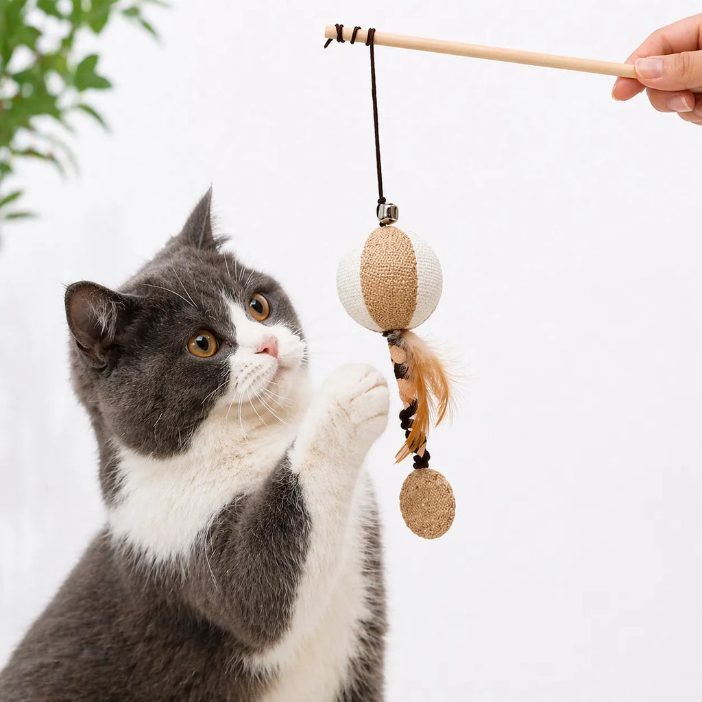 Canne à pêche chat en bois - Plumes naturelles et clochette