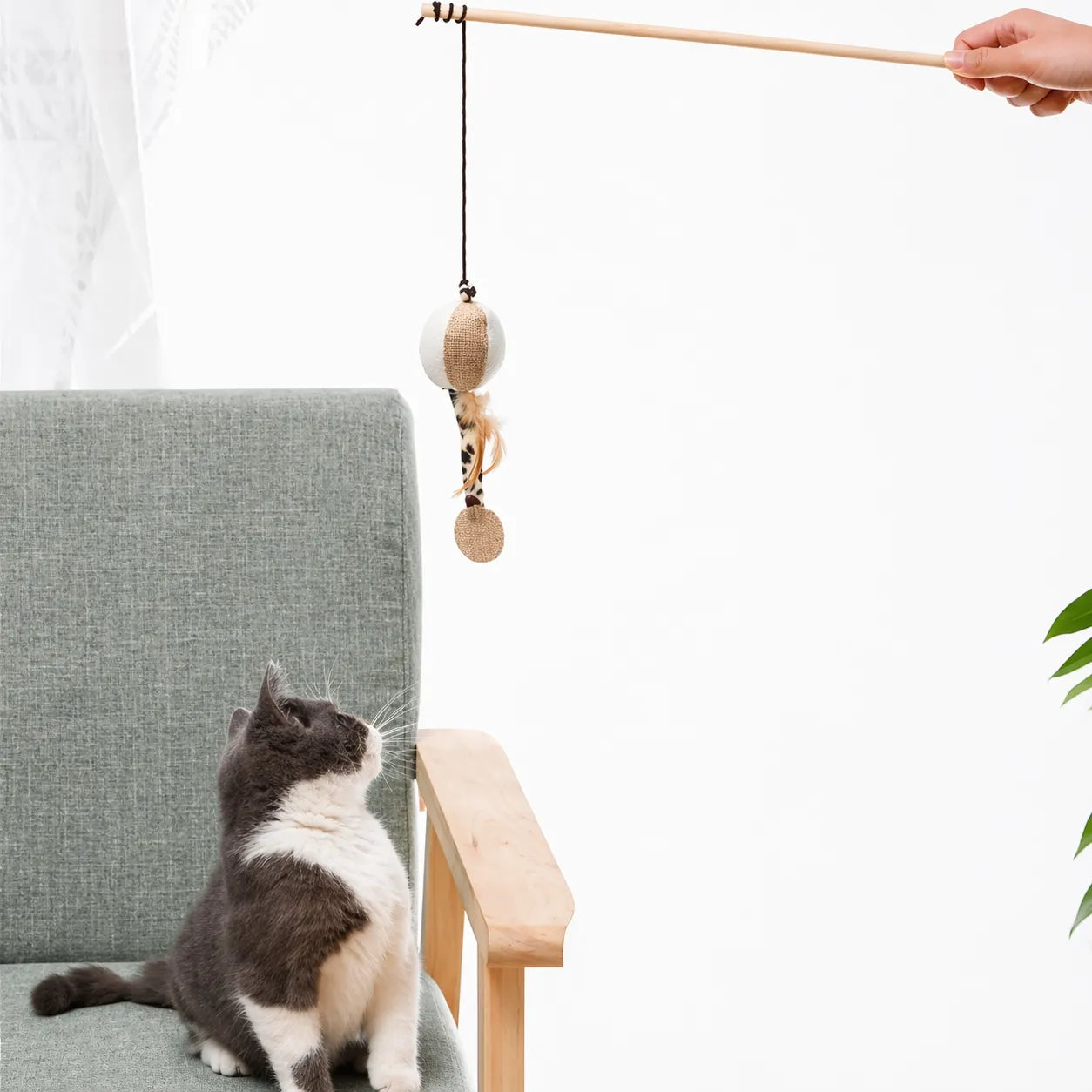 Canne à pêche chat en bois - Plumes naturelles et clochette