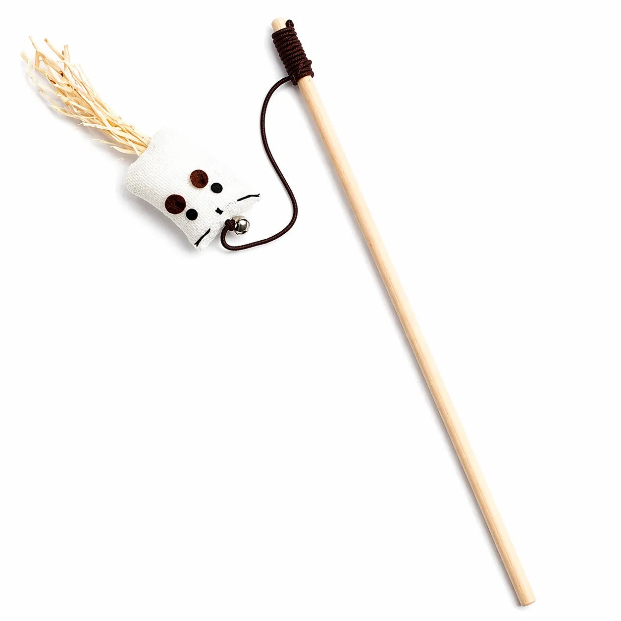 Canne à pêche chat en bois - Plumes naturelles et clochette