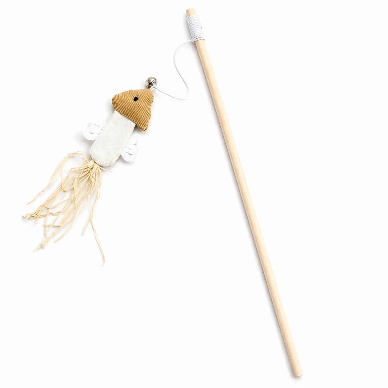 Canne à pêche chat en bois - Plumes naturelles et clochette