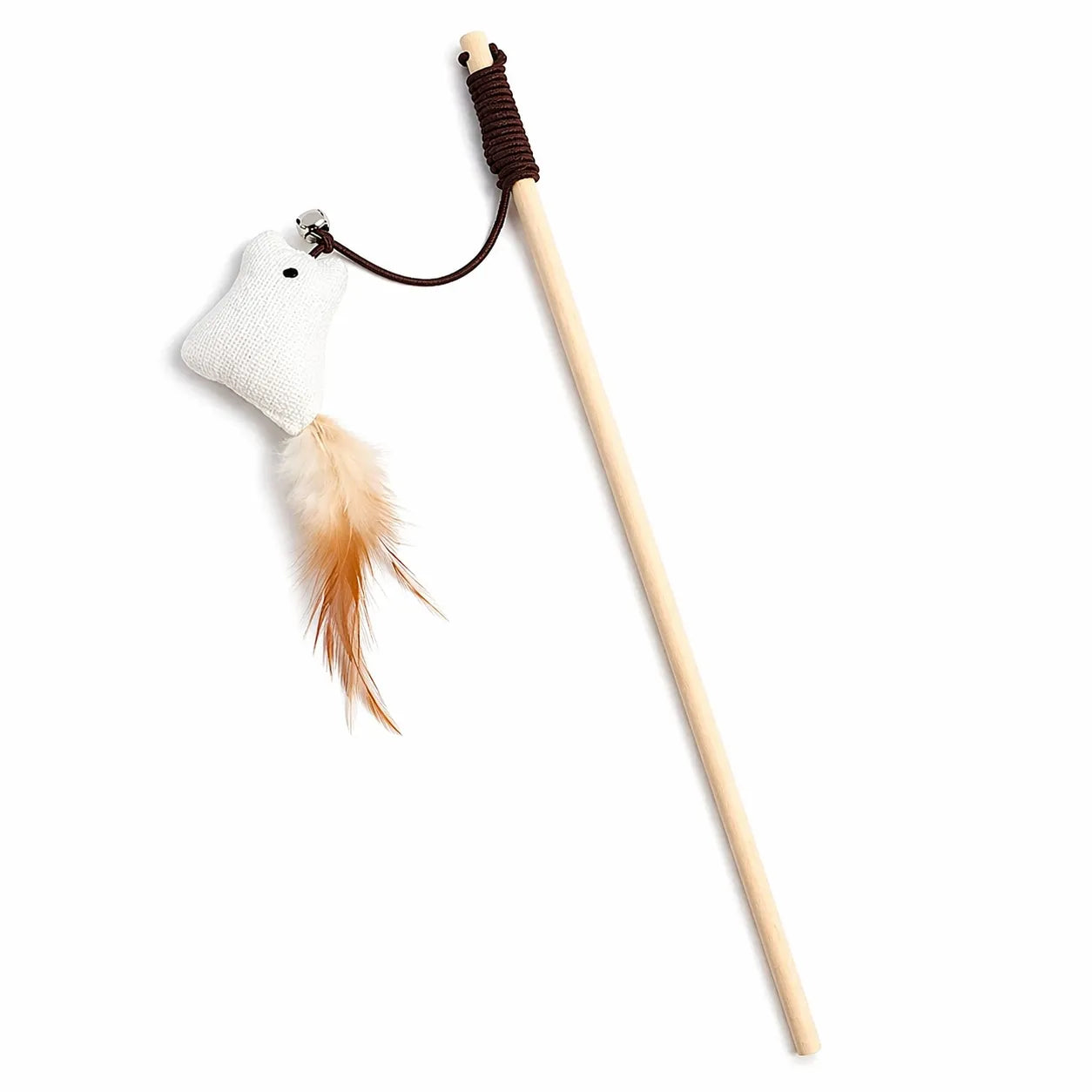 Canne à pêche chat en bois - Plumes naturelles et clochette