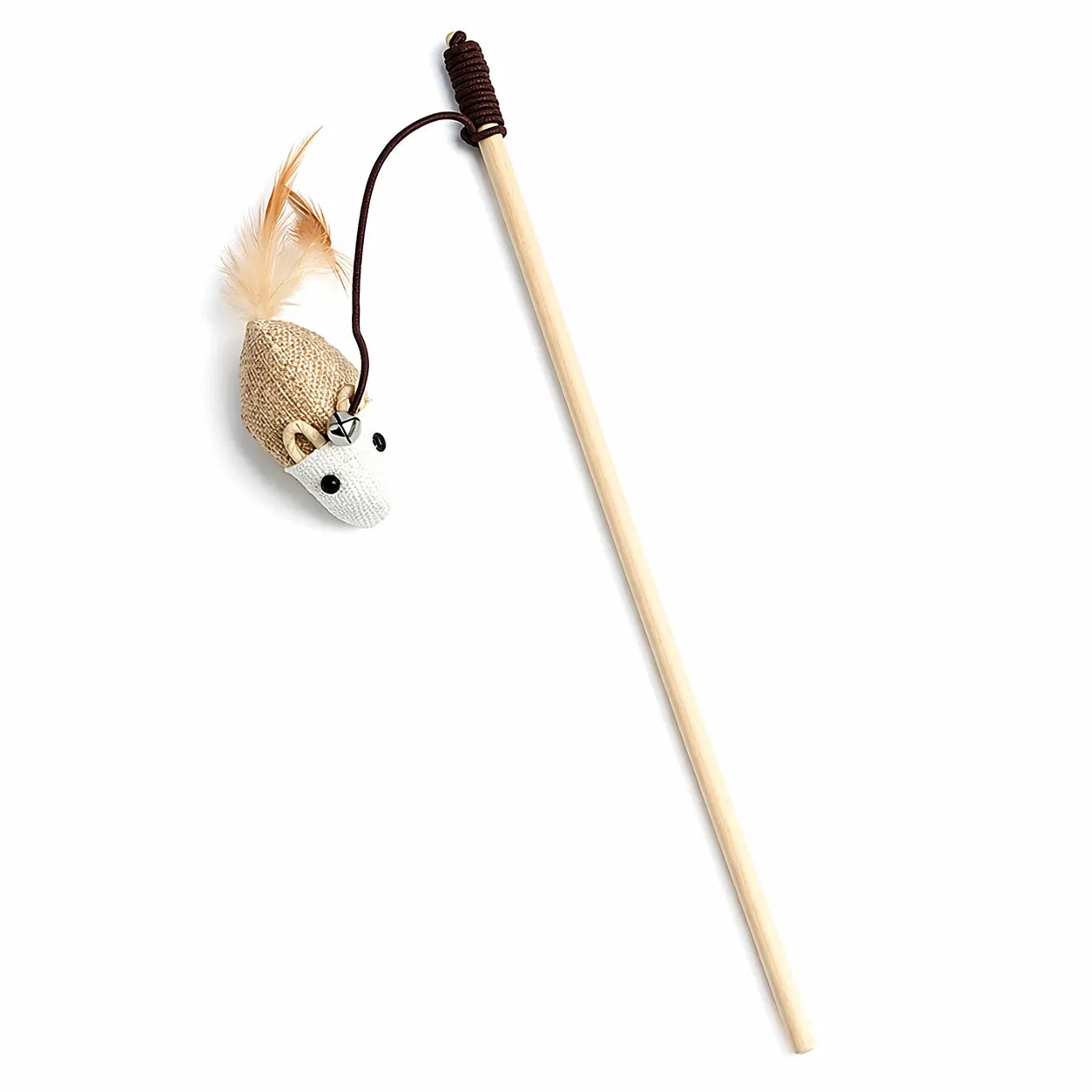 Canne à pêche chat en bois - Plumes naturelles et clochette