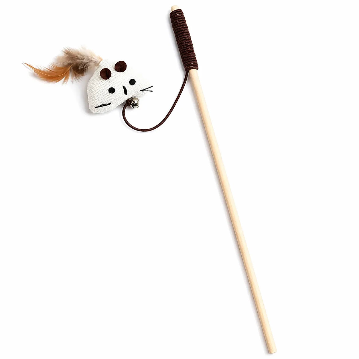 Canne à pêche chat en bois - Plumes naturelles et clochette