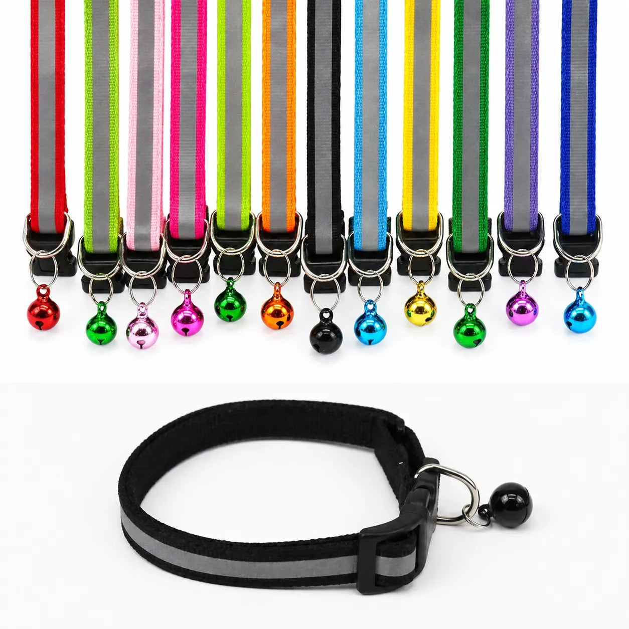Collier chat réfléchissant à clochette - Lot de 2 coloris