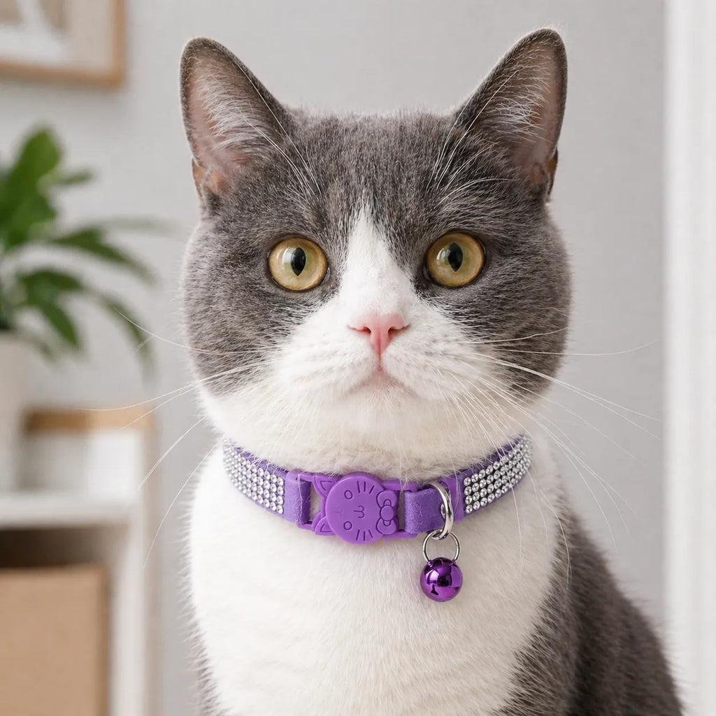 Collier chat suédé strass - Clochette sécurité S et XS