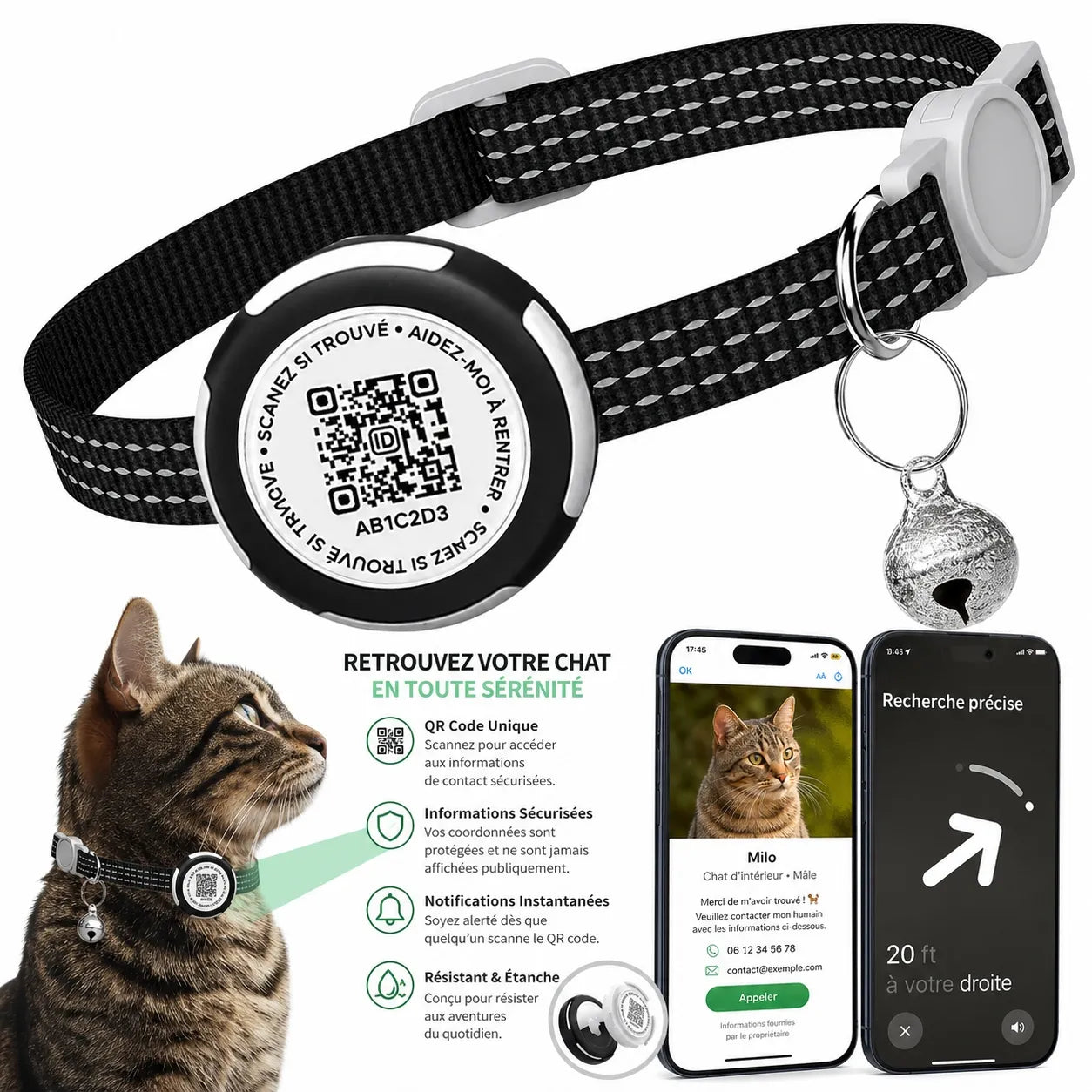 Collier GPS chat sans abonnement pour Airtag - QR code sécurité
