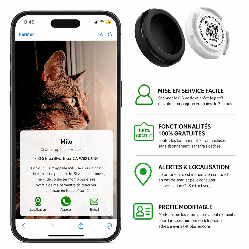 Collier GPS chat sans abonnement pour Airtag - QR code sécurité