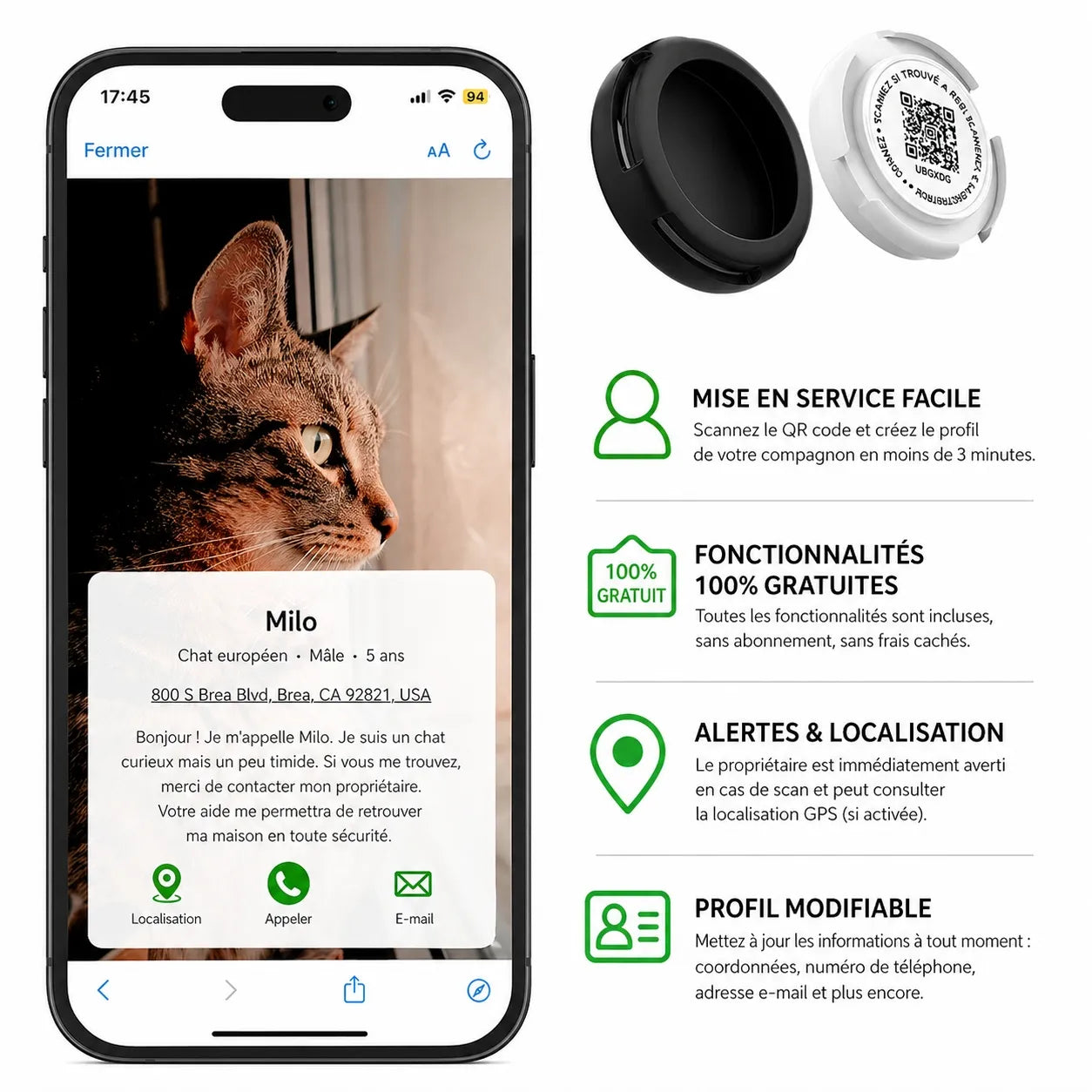 Collier GPS chat sans abonnement pour Airtag - QR code sécurité