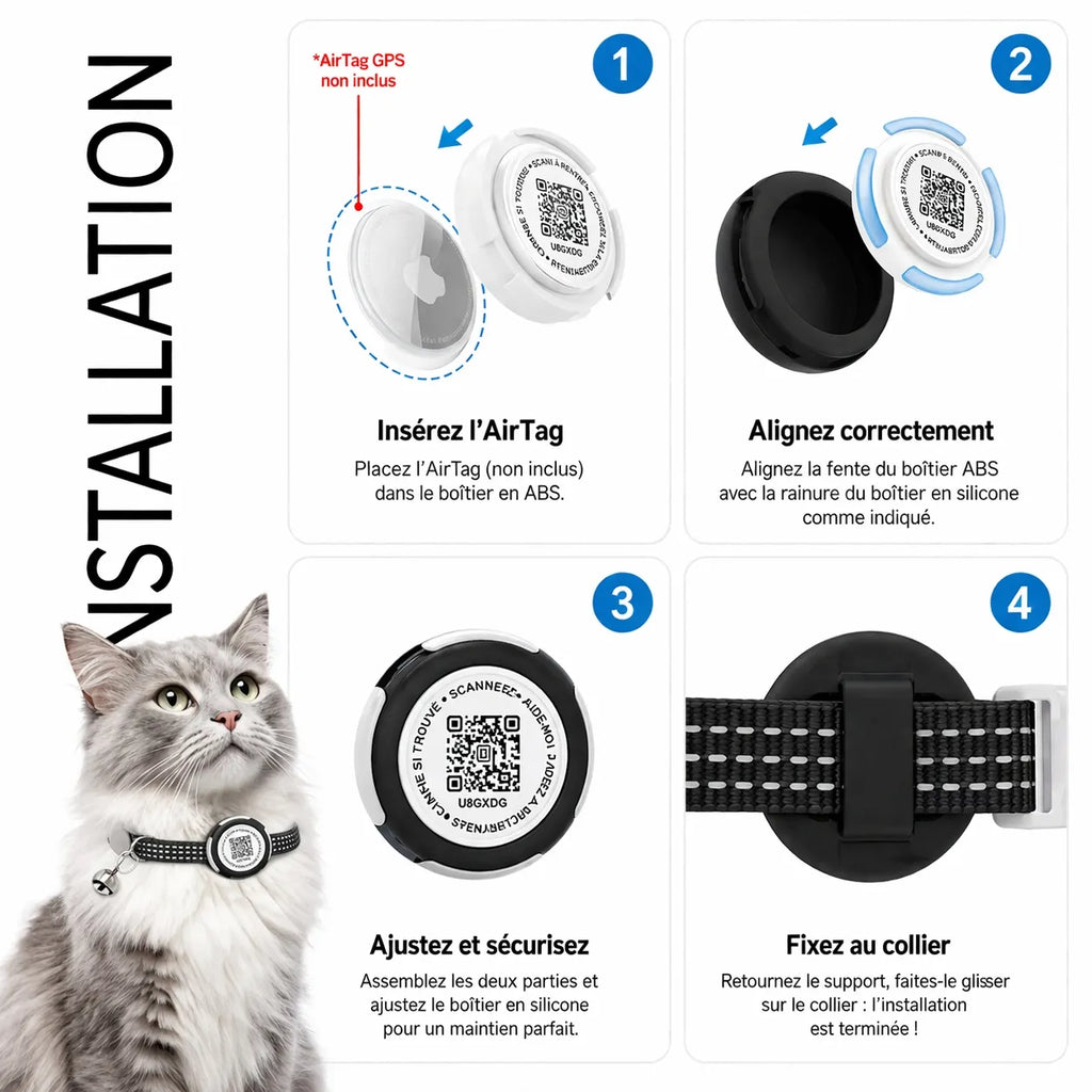 Collier GPS chat sans abonnement pour Airtag - QR code sécurité
