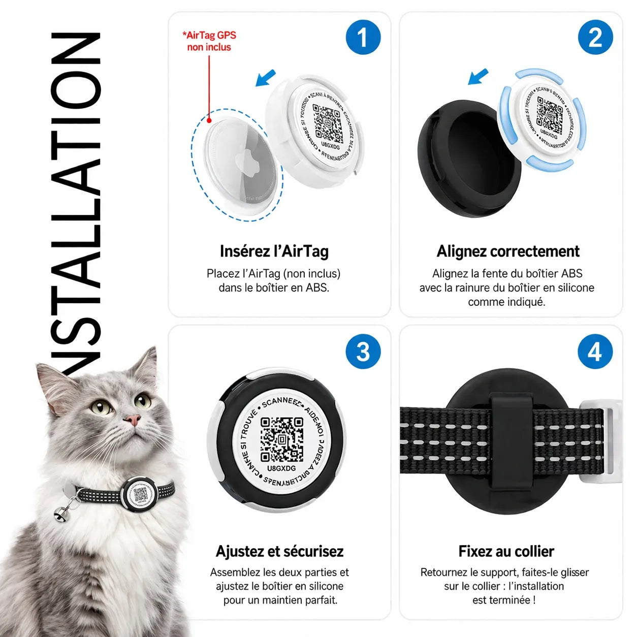 Collier GPS chat sans abonnement pour Airtag - QR code sécurité