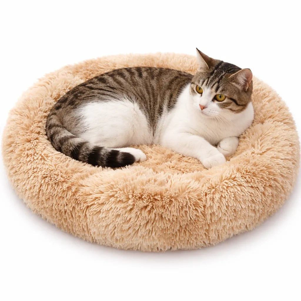 Coussin rond chat en peluche - Nid douillet pour félin
