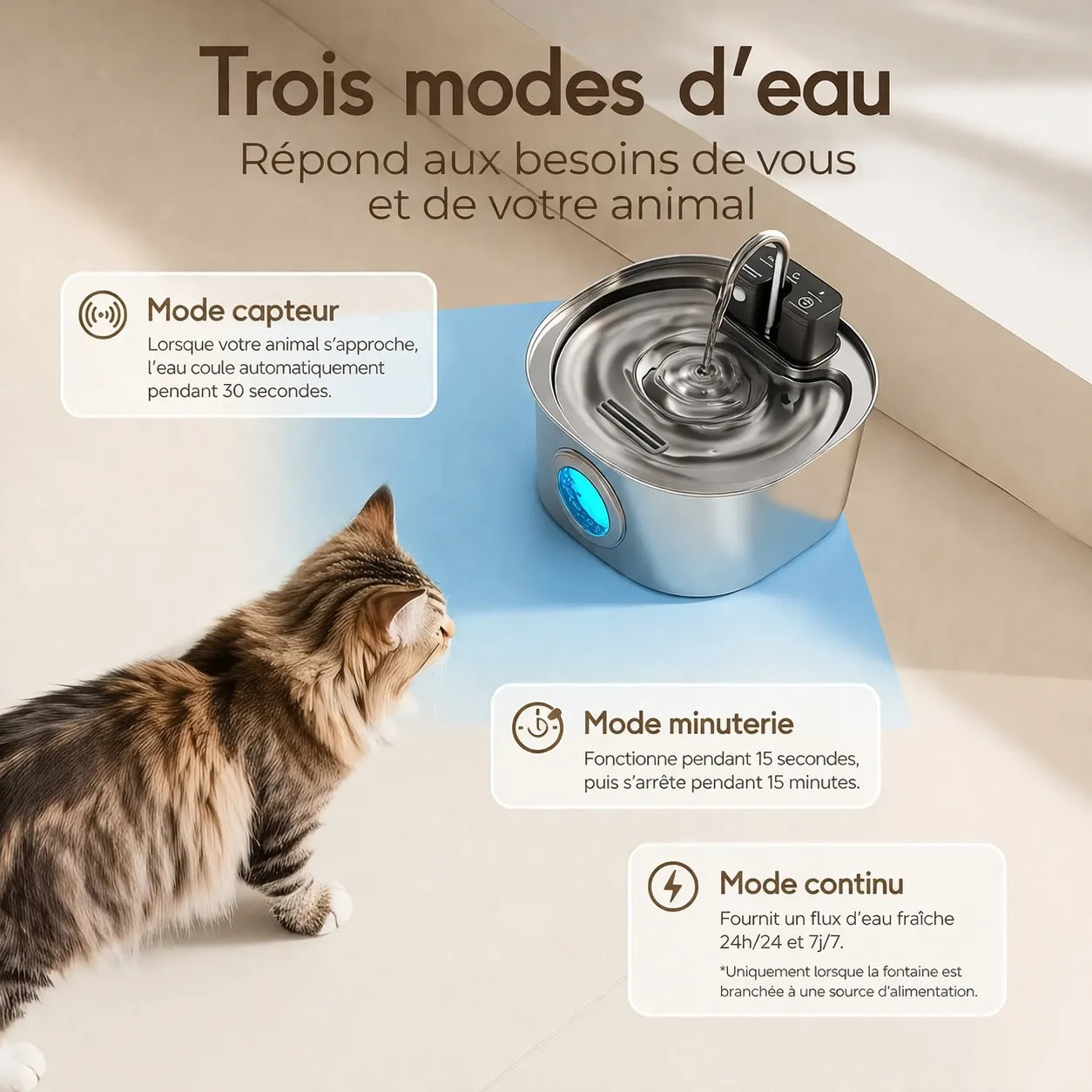 Fontaine à eau inox chat - Sans fil 3 modes silencieuse