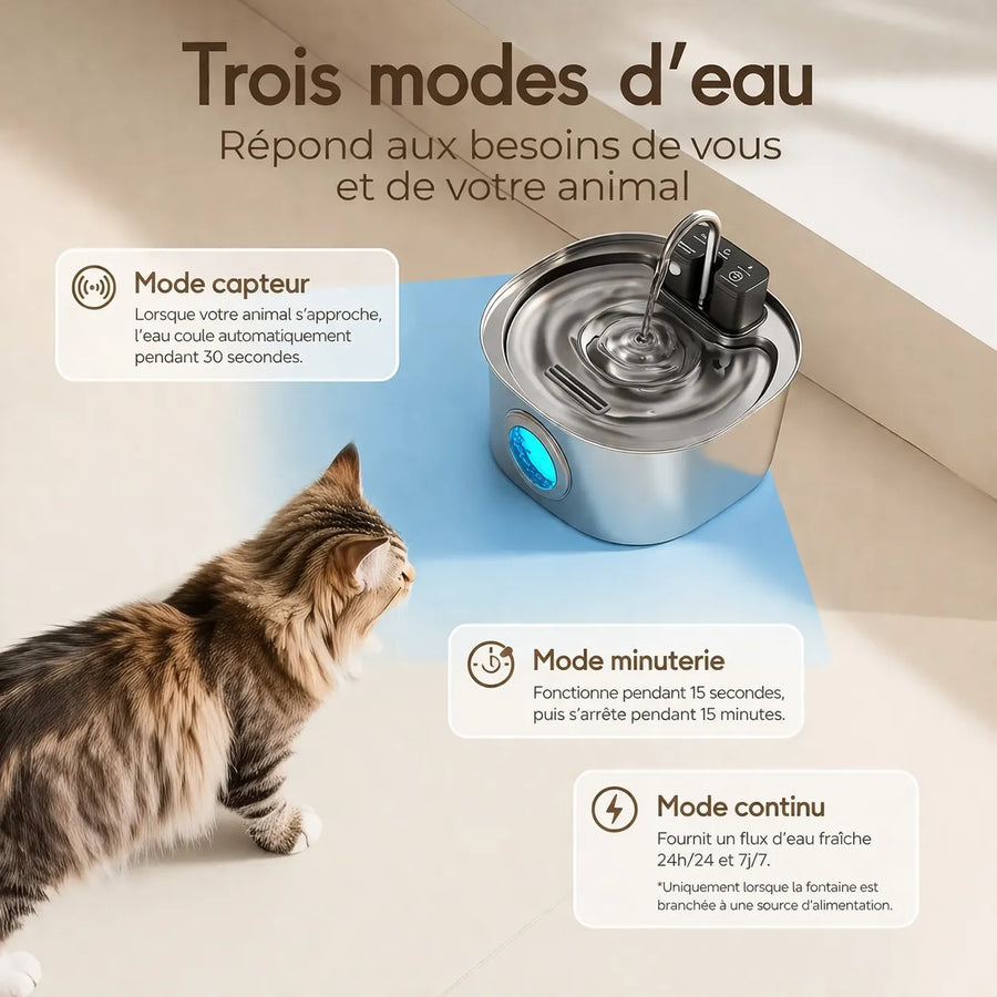 Fontaine à eau inox chat - Sans fil 3 modes silencieuse