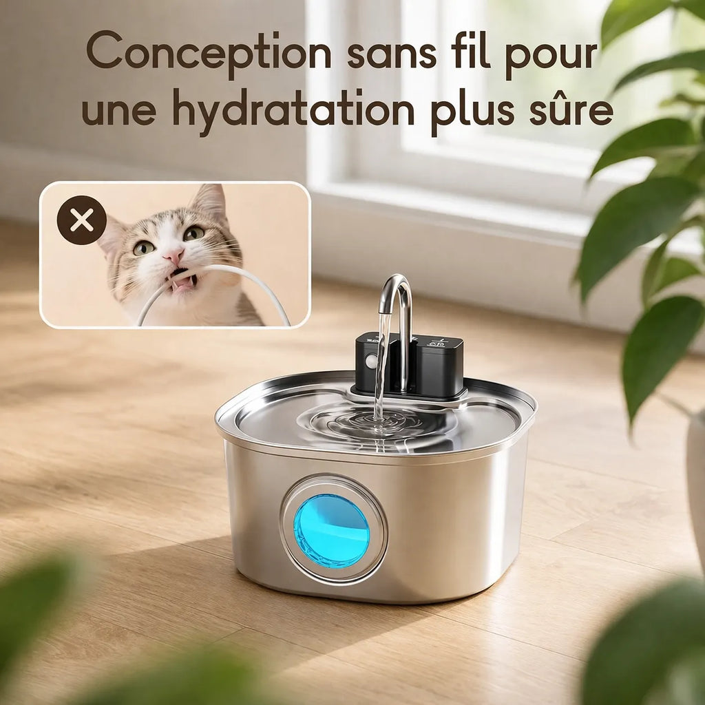 Fontaine à eau inox chat - Sans fil 3 modes silencieuse