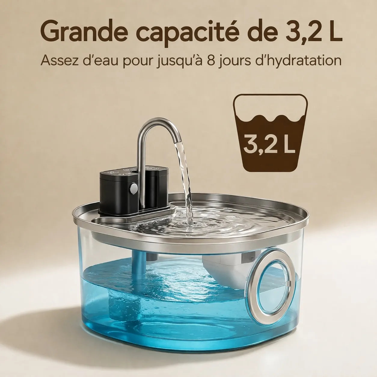 Fontaine à eau inox chat - Sans fil 3 modes silencieuse