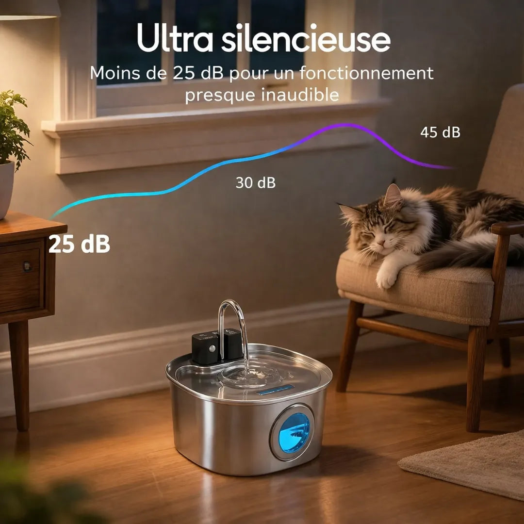 Fontaine à eau inox chat - Sans fil 3 modes silencieuse