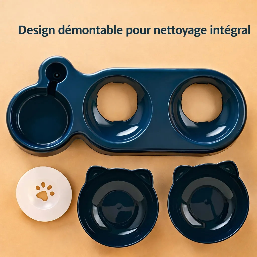 Gamelle chat 3 en 1 - Bols inclinés et distributeur d'eau