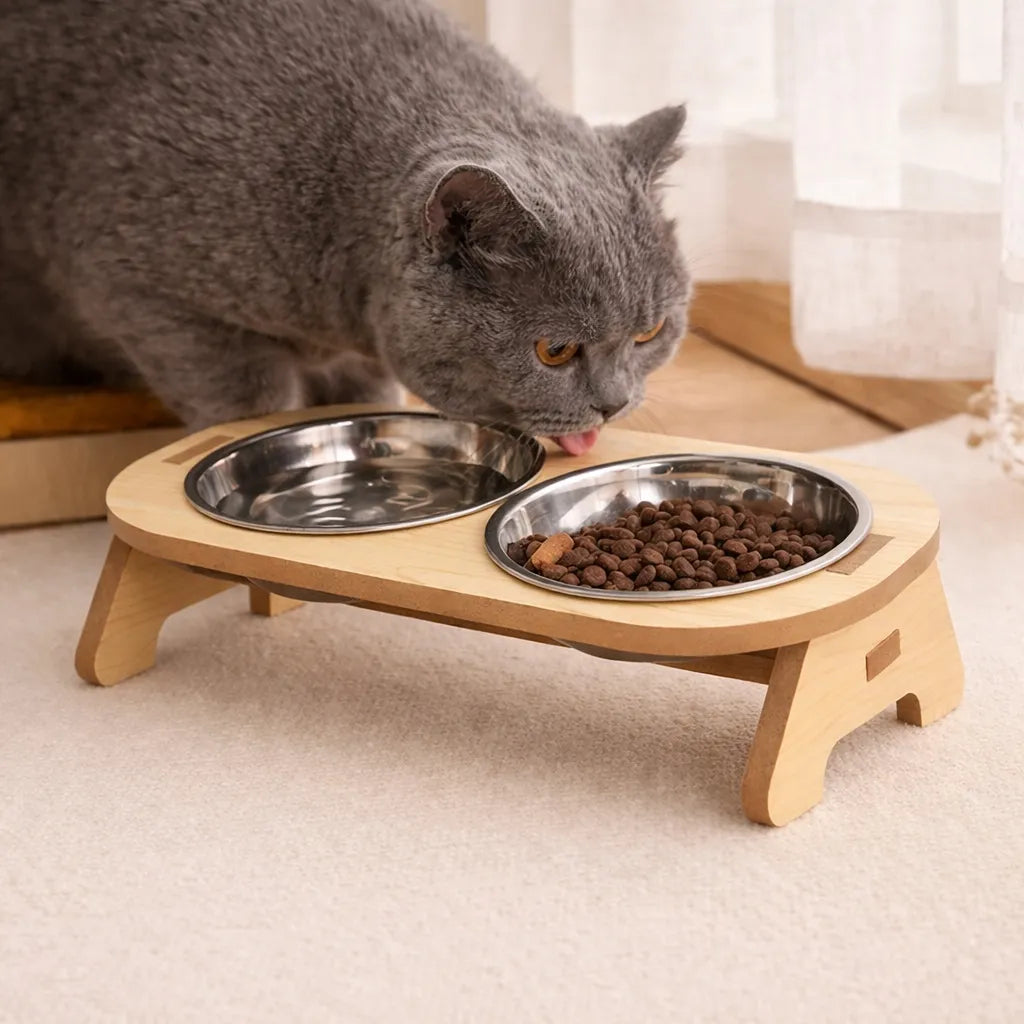 Gamelle chat surélevée en bois et inox - Simple ou double