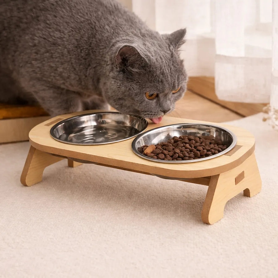 Gamelle chat surélevée en bois et inox - Simple ou double