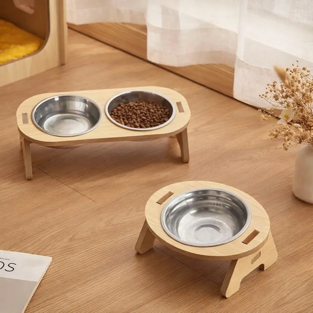 Gamelle chat surélevée en bois et inox - Simple ou double