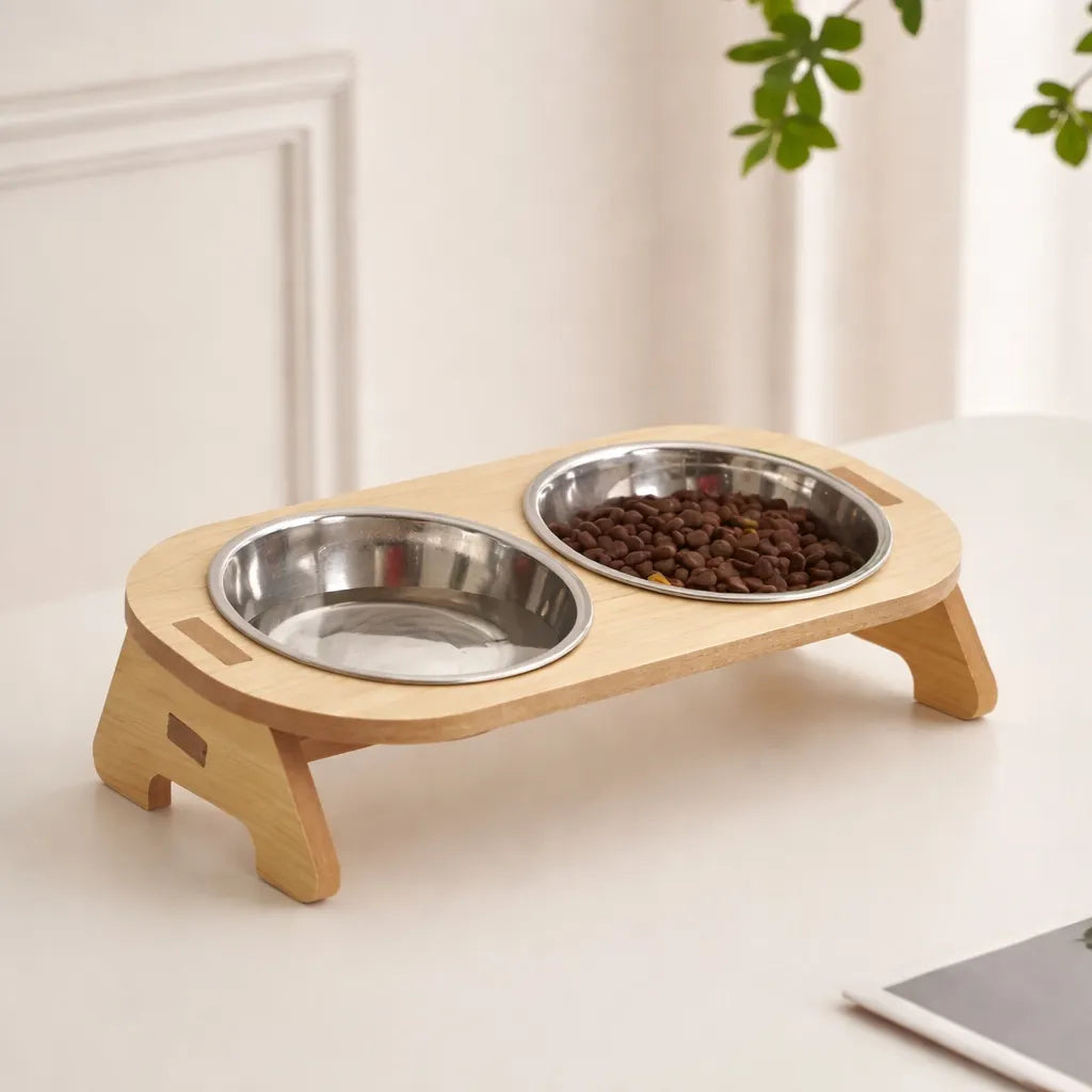Gamelle chat surélevée en bois et inox - Simple ou double