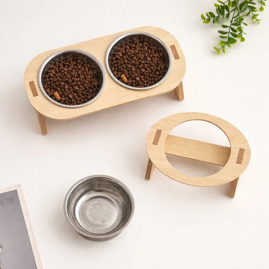 Gamelle chat surélevée en bois et inox - Simple ou double