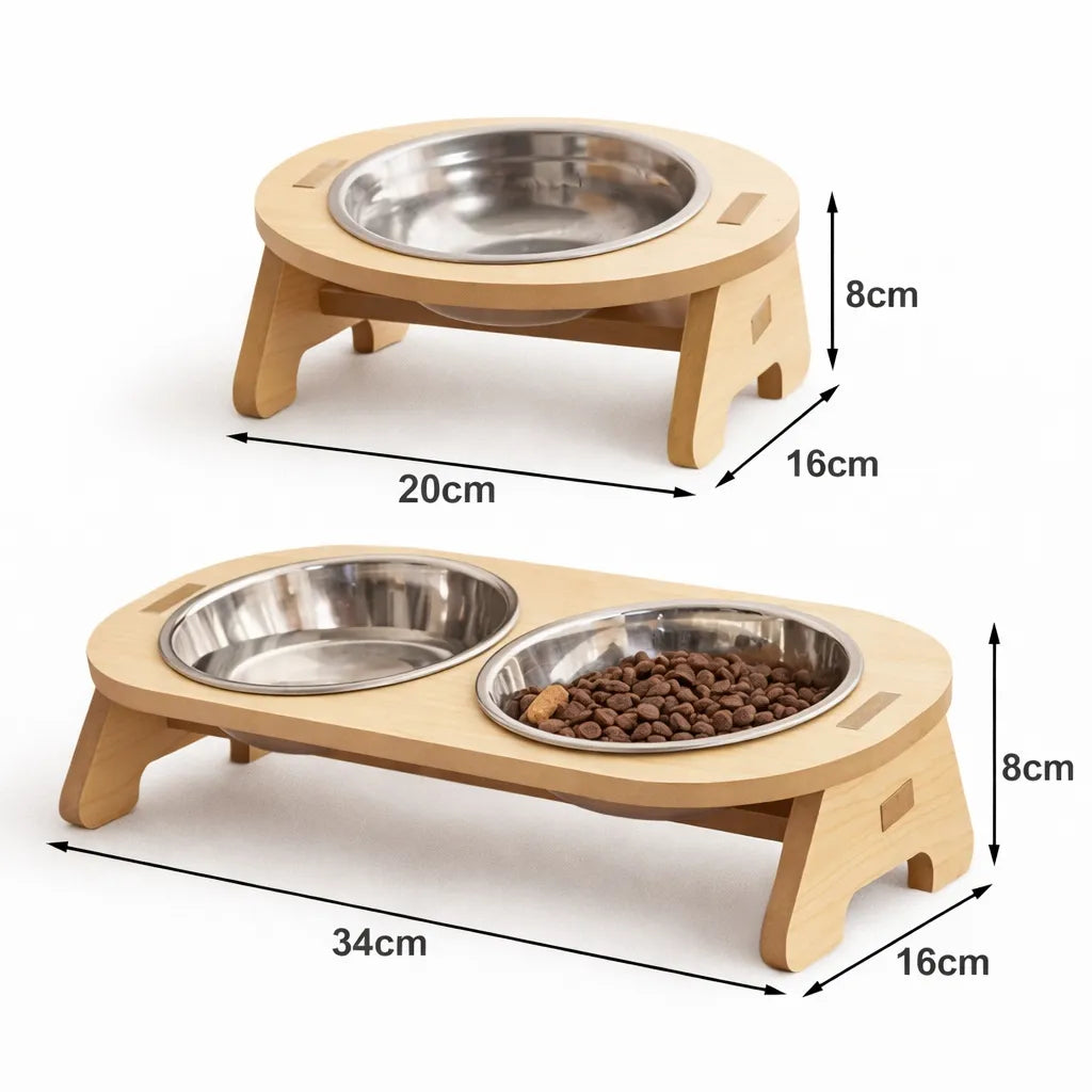 Gamelle chat surélevée en bois et inox - Simple ou double