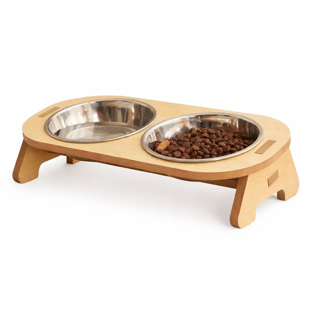 Gamelle chat surélevée en bois et inox - Simple ou double