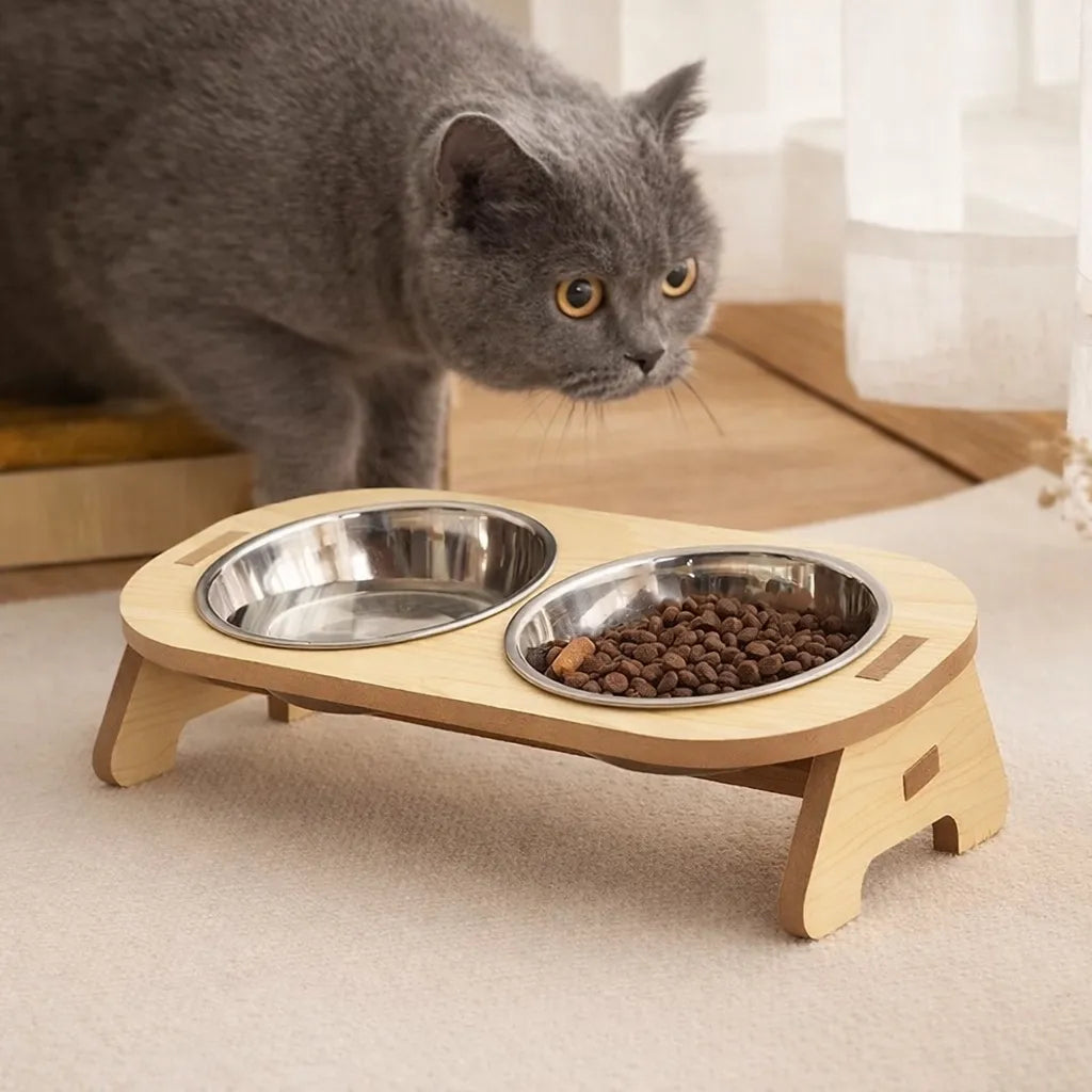 Gamelle chat surélevée en bois et inox - Simple ou double