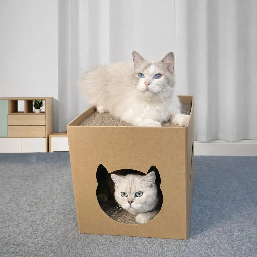 Griffoir en carton pour chat - Abri et surface à gratter