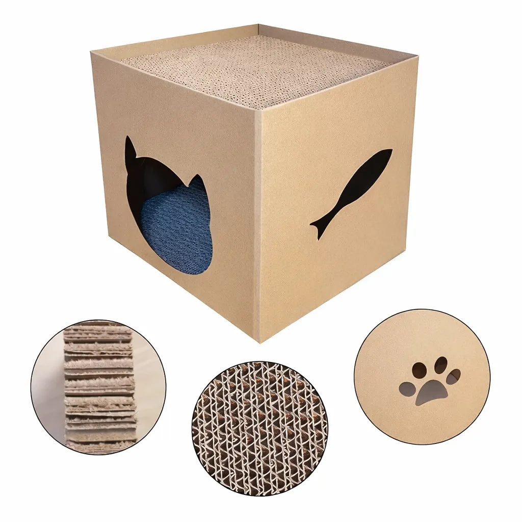 Griffoir en carton pour chat - Abri et surface à gratter