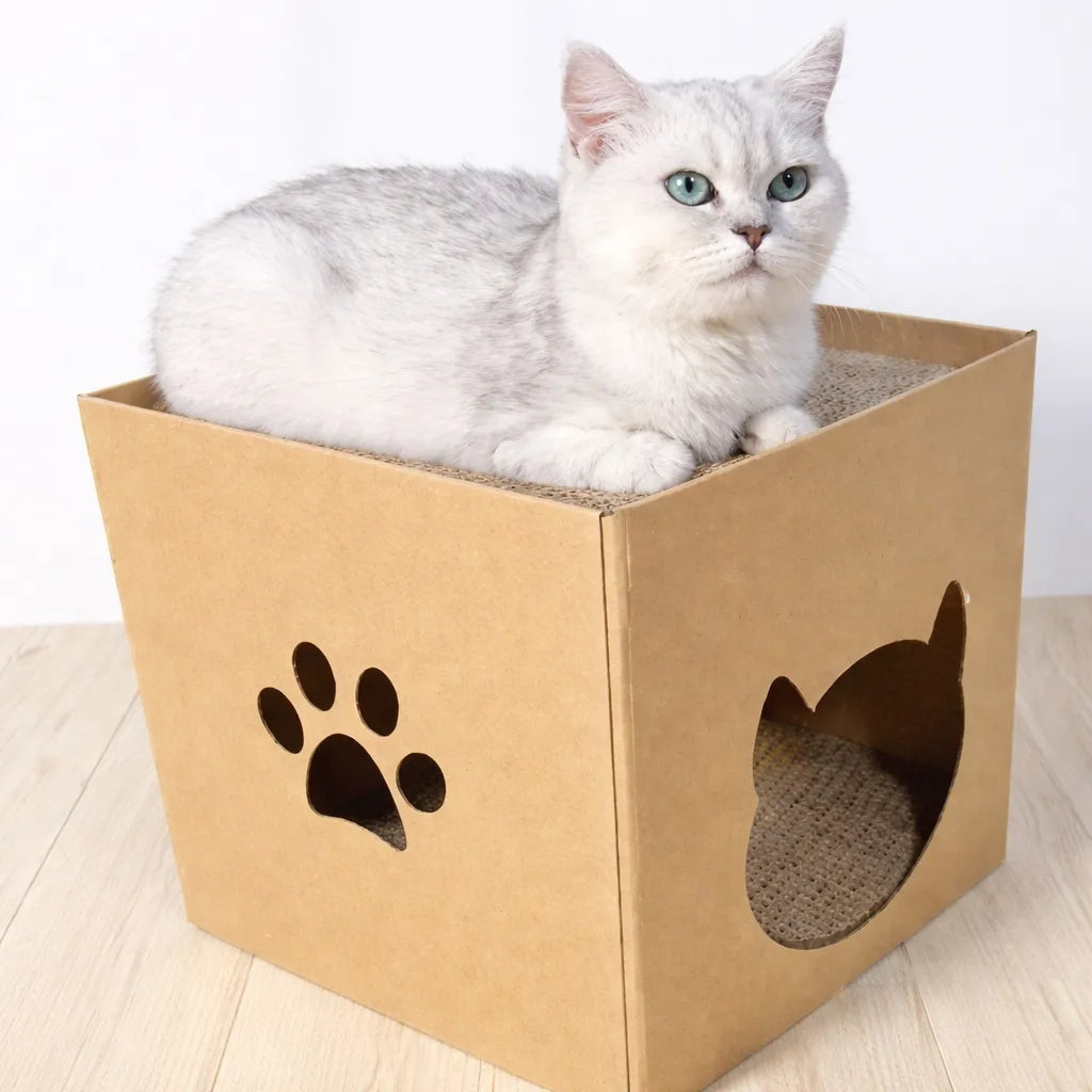 Griffoir en carton pour chat - Abri et surface à gratter