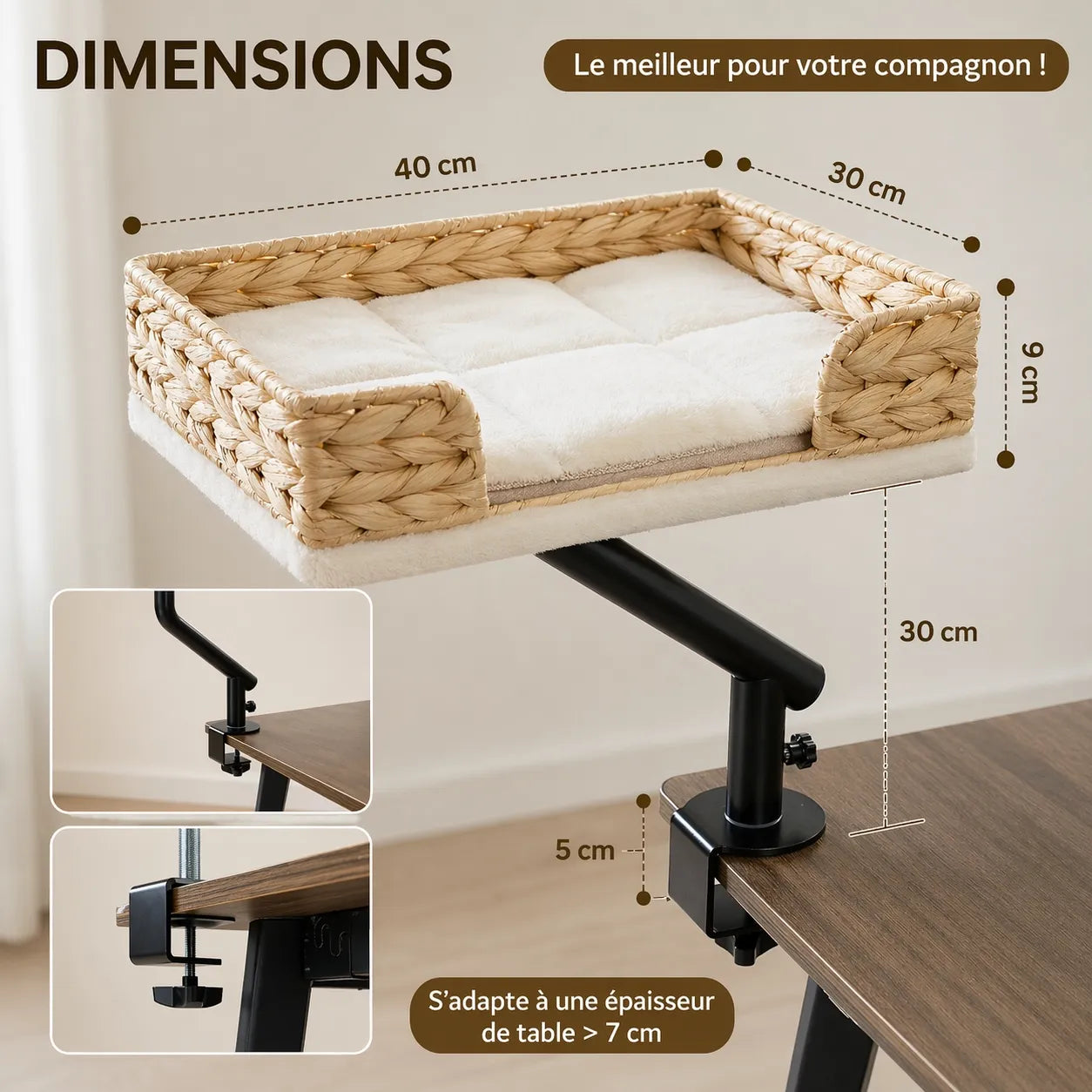 Hamac pour chat de bureau - Bras rotatif 360° et fixation pince
