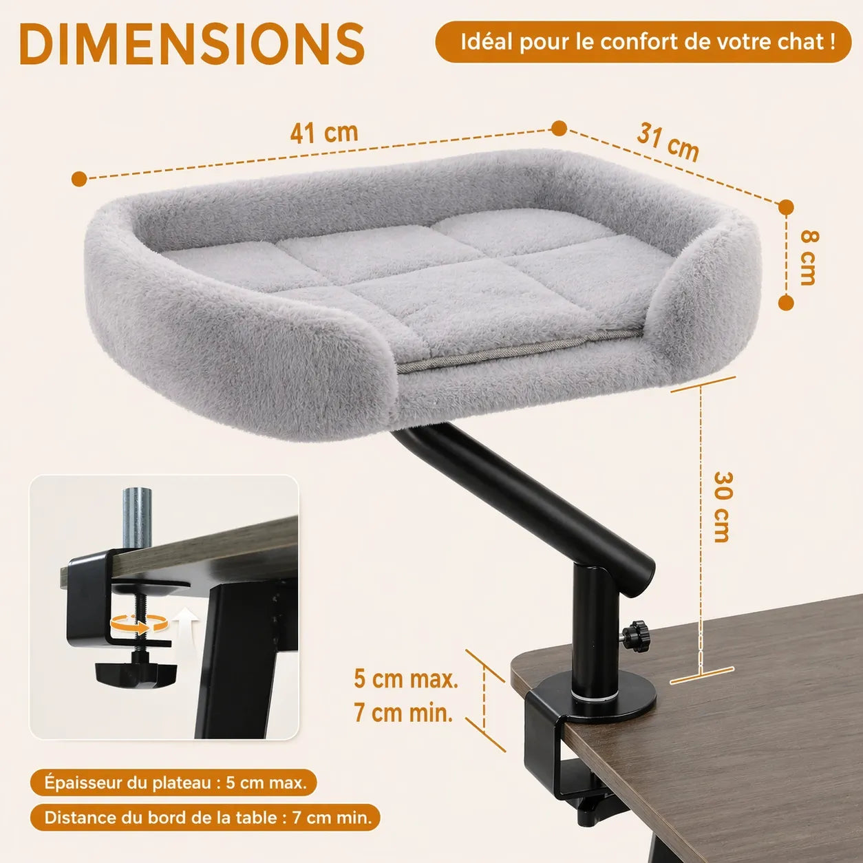 Hamac pour chat de bureau - Bras rotatif 360° et fixation pince