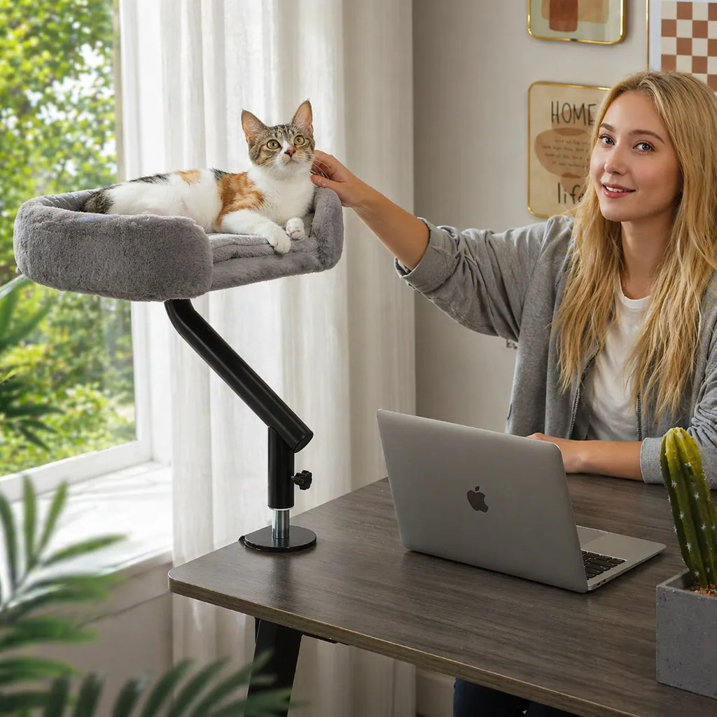 Hamac pour chat de bureau - Bras rotatif 360° et fixation pince