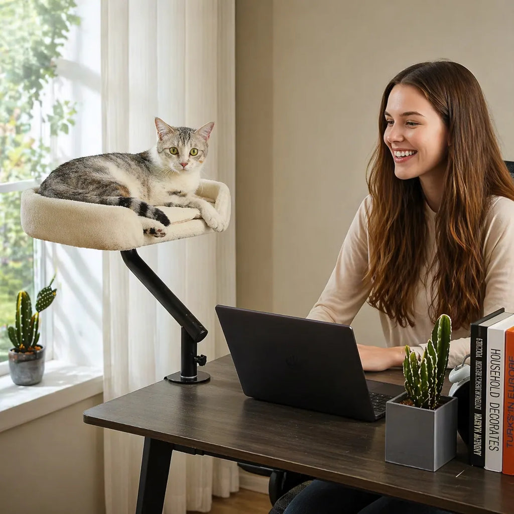 Hamac pour chat de bureau - Bras rotatif 360° et fixation pince