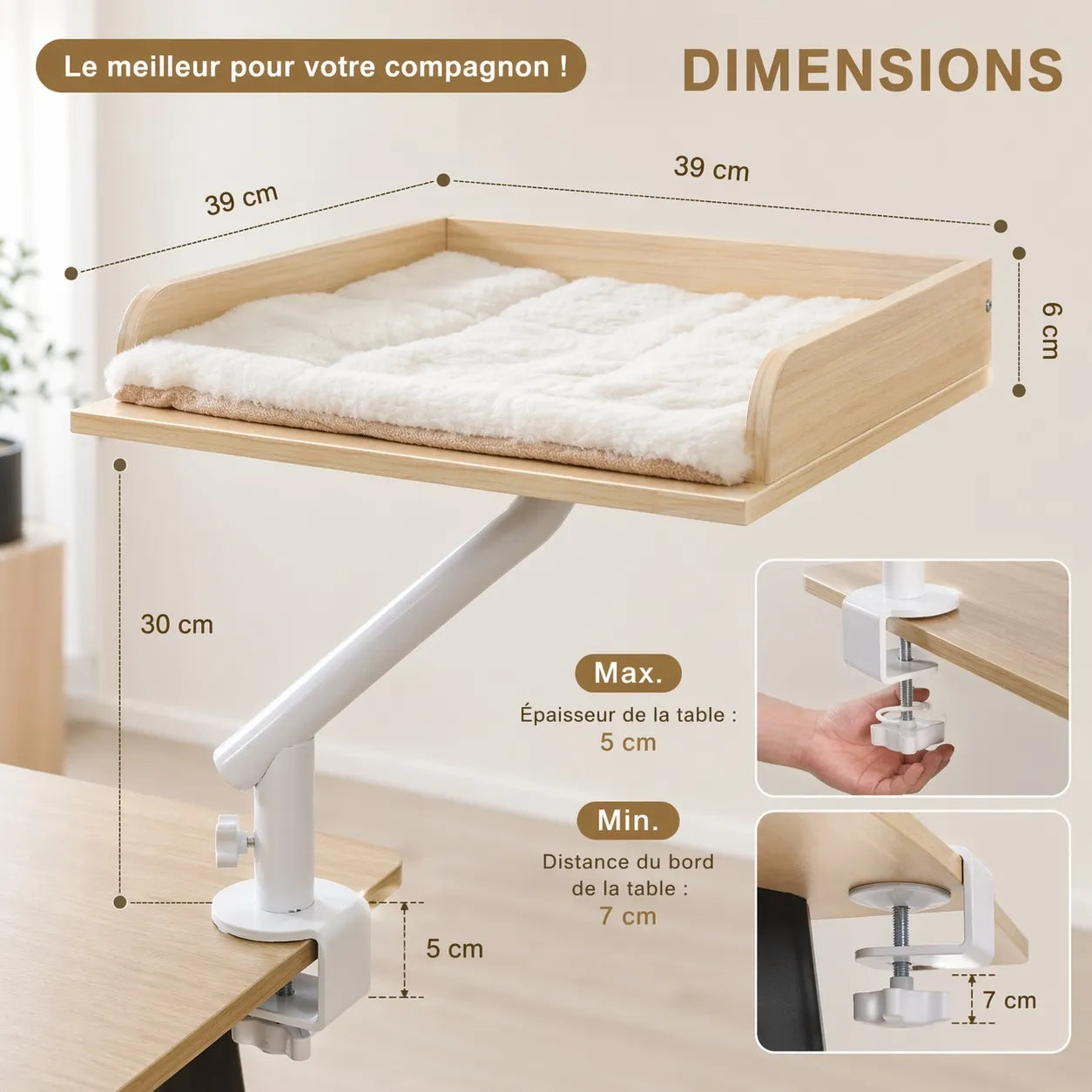 Hamac pour chat de bureau - Bras rotatif 360° et fixation pince