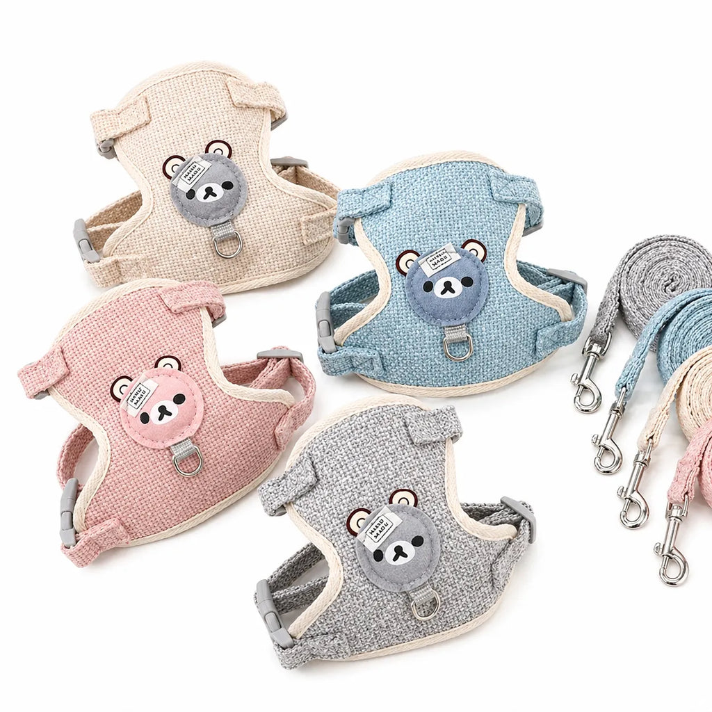 Harnais chat gilet doux - Design ours et laisse assortie