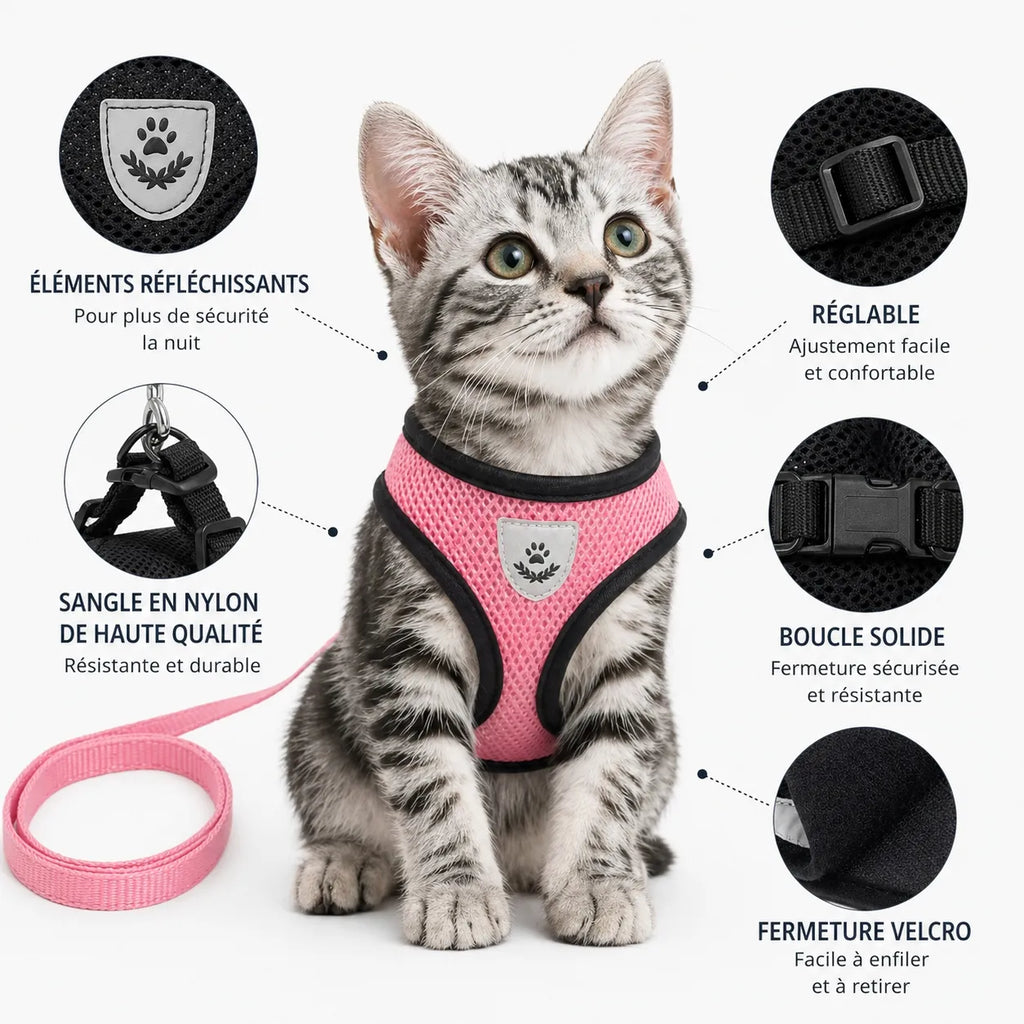 Harnais chat maille respirante réglable - Réfléchissant S à XL
