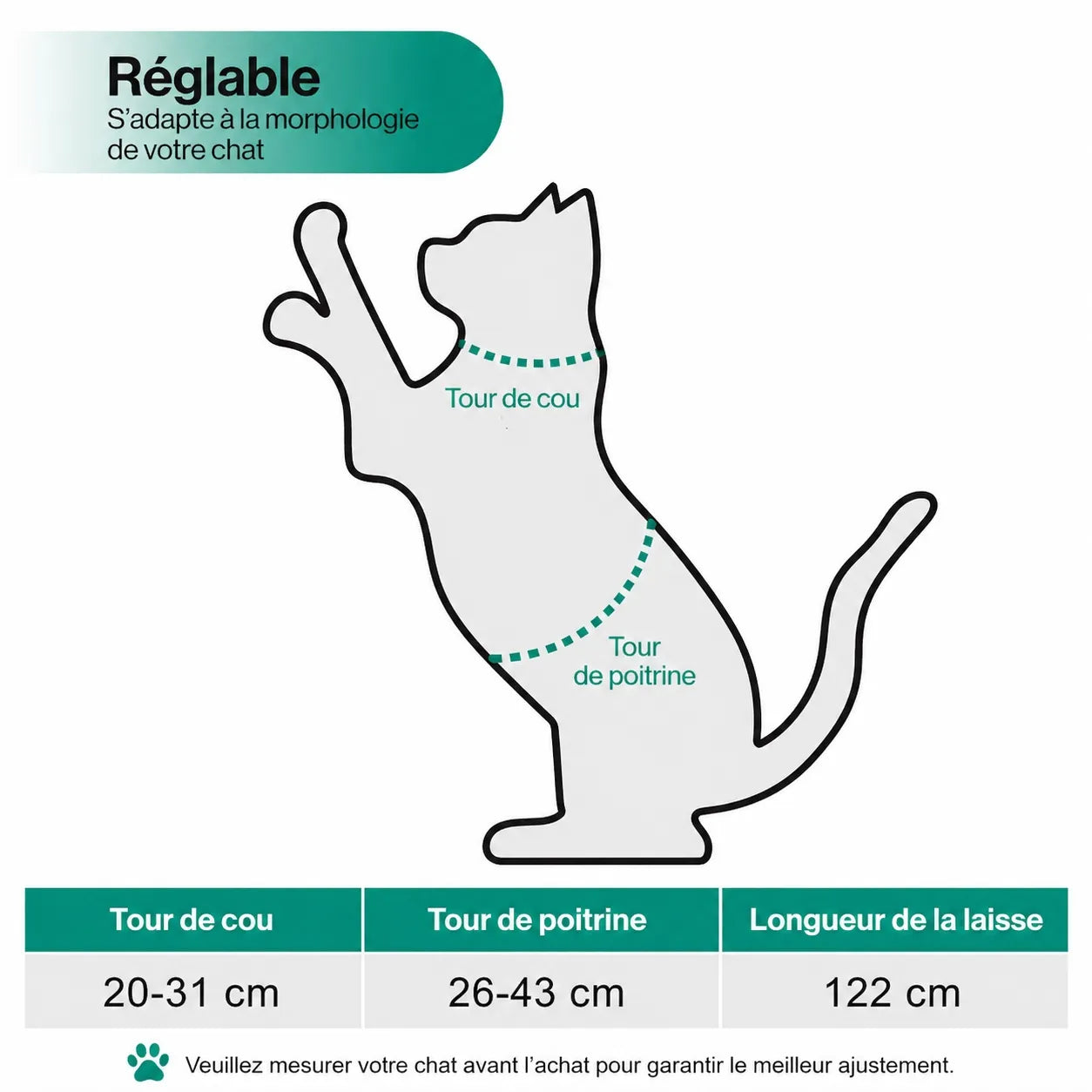 Harnais chat réglable anti-évasion - Laisse incluse 122 cm