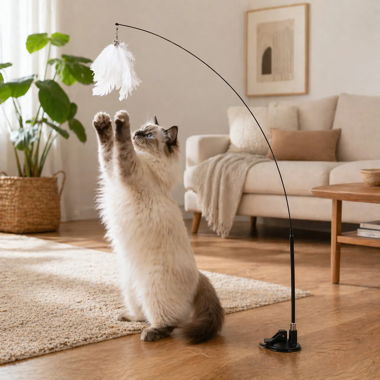 Jouet chat interactif baguette ventouse - Plumes naturelles