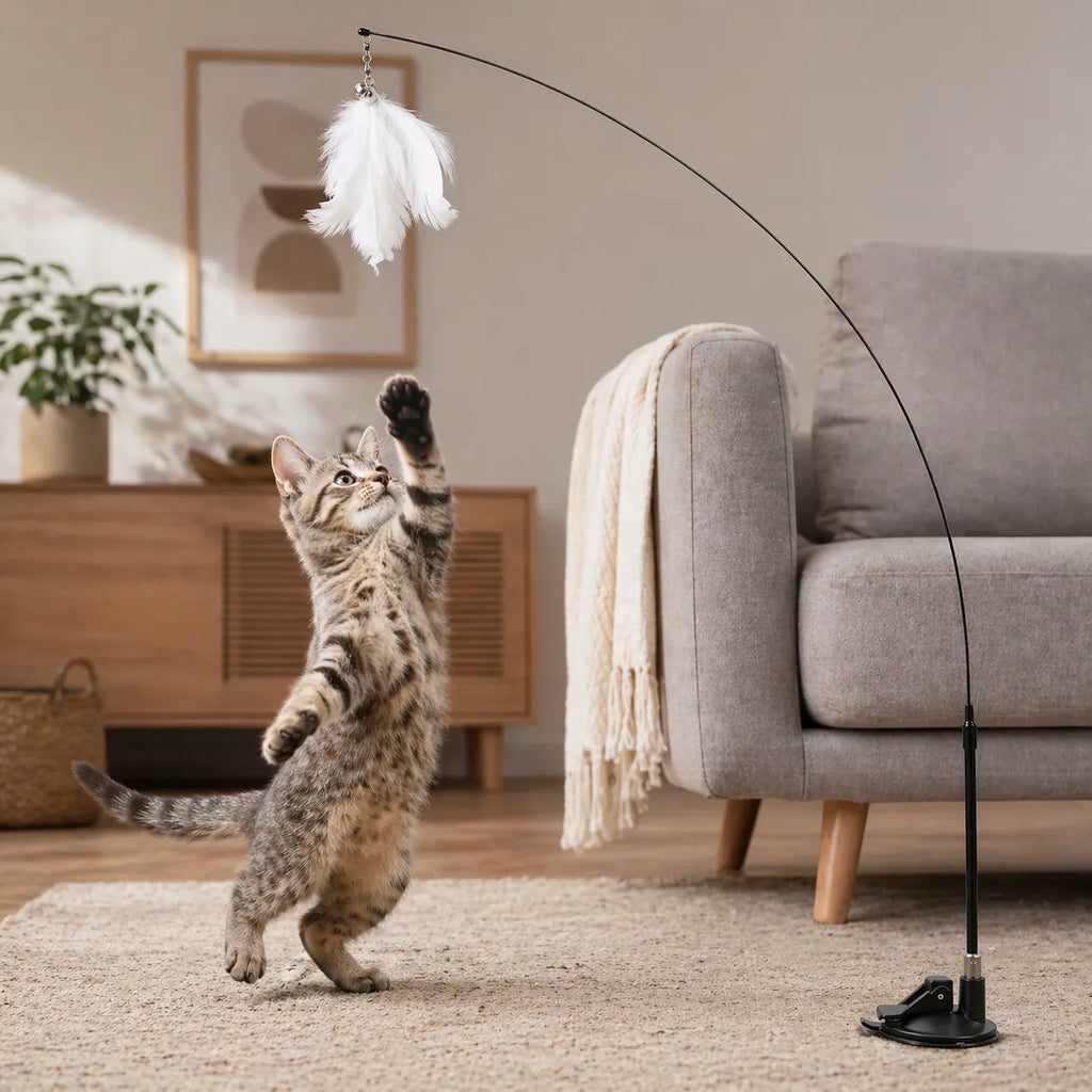 Jouet chat interactif baguette ventouse - Plumes naturelles