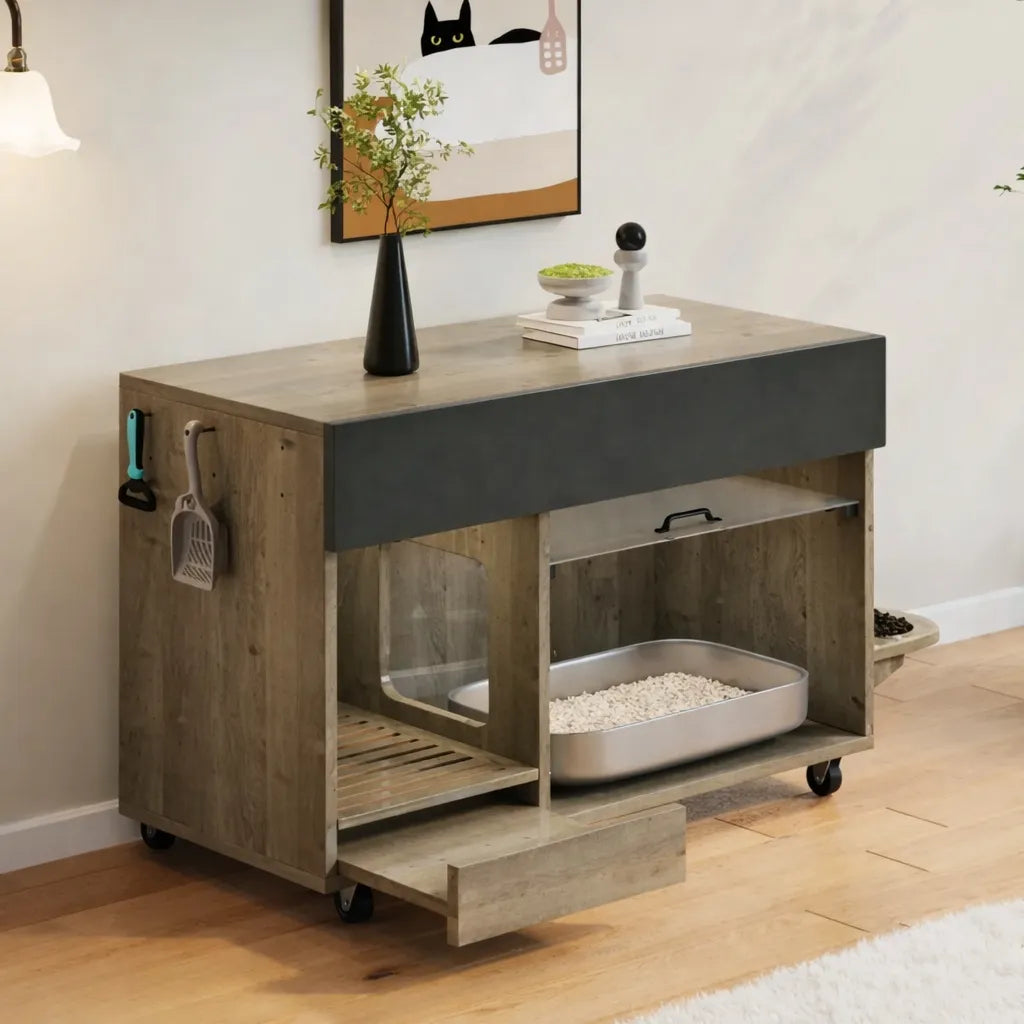 Meuble litière à chat - Design bois multifonctionnel